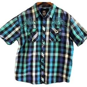 Route 66 Men's Plaid‎ Button Up Tribal Embroidered Shirt Size XL Blue Y2K Casual